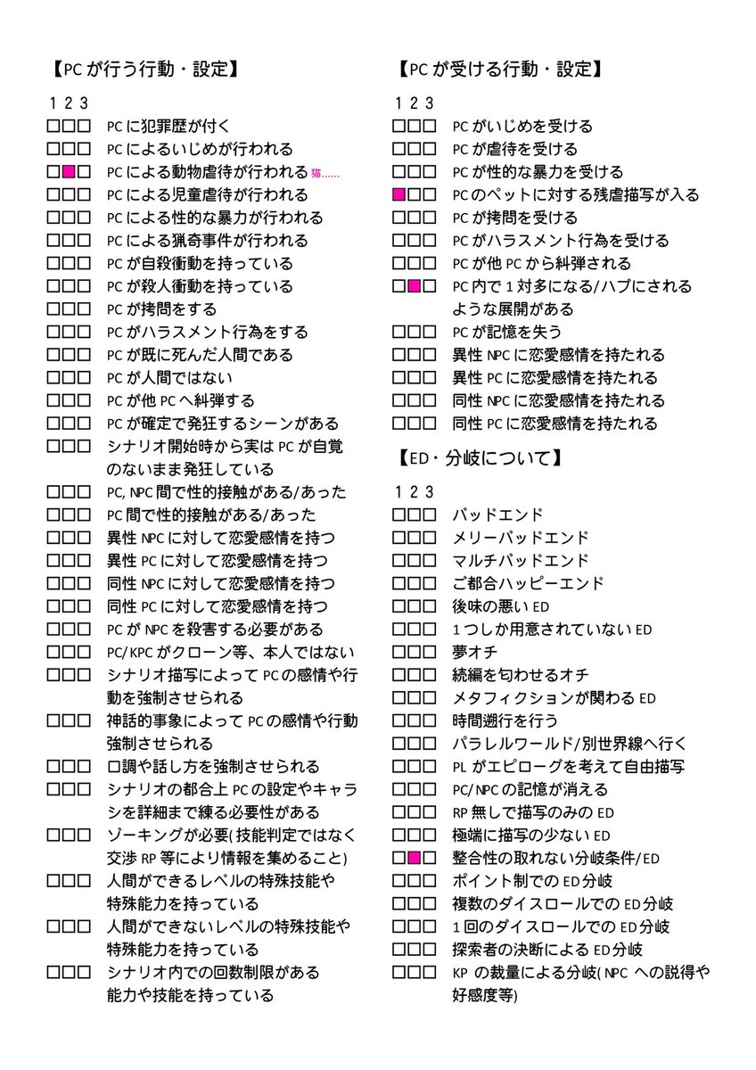 Rimo_TRPG's tweet photo. 地雷チェックシート詳細版です

1に該当するシナリオは出来れば通過したくないですが、どうしても要素として含まれる場合は事前に告知して下されば覚悟を決められるので大丈夫です https://t.co/NSDy1VTec2