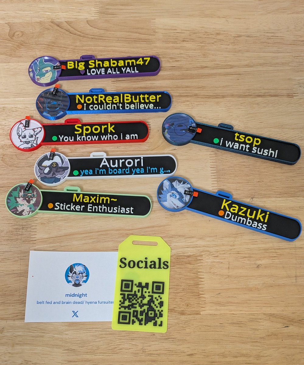 Pollynikes (@pollynikes) on Twitter photo Made a little batch of 3d printed VR Chat inspired badges for AC25!
Maxim~ , NotRealButter,
<a href="/BigShabam47/">Big Shabam47</a>
<a href="/sporkngrayv/">Spork</a> <a href="/CrutsyBiggers/">Aurori</a> <a href="/tsopvr/">Tsop 🔜 AFC</a> and
<a href="/KazukiWolf/">Kazuki</a>
And a QR code for <a href="/midnight_yeen/">midnight</a> Linktree! Made a little batch of 3d printed VR Chat inspired badges for AC25!
Maxim~ , NotRealButter,
<a href="/BigShabam47/">Big Shabam47</a>
<a href="/sporkngrayv/">Spork</a> <a href="/CrutsyBiggers/">Aurori</a> <a href="/tsopvr/">Tsop 🔜 AFC</a> and
<a href="/KazukiWolf/">Kazuki</a>
And a QR code for <a href="/midnight_yeen/">midnight</a> Linktree!