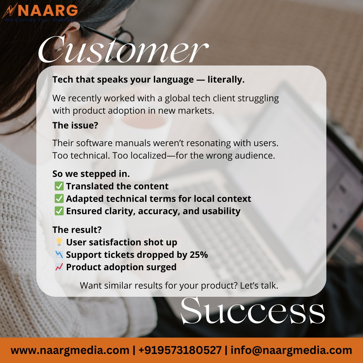 NaargMedia's tweet image. A global tech firm asked us to localize their software docs.
We didn’t just translate — we adapted technical terms for real users.
💡 Result?
✅ 25% fewer support tickets
✅ Higher satisfaction
✅ Faster adoption
Localization = competitive edge.
#TechLocalization #NaargImpact