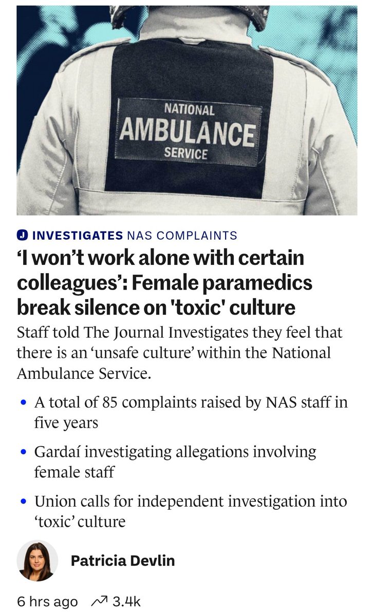 ‘I won’t work alone with certain colleagues’: Female paramedics break silence on 'toxic' culture
-Patricia Devlin 

Staff told The Journal Investigates they feel that there is an ‘unsafe culture’ within the National Ambulance Service

thejournal.ie/national-ambul…
