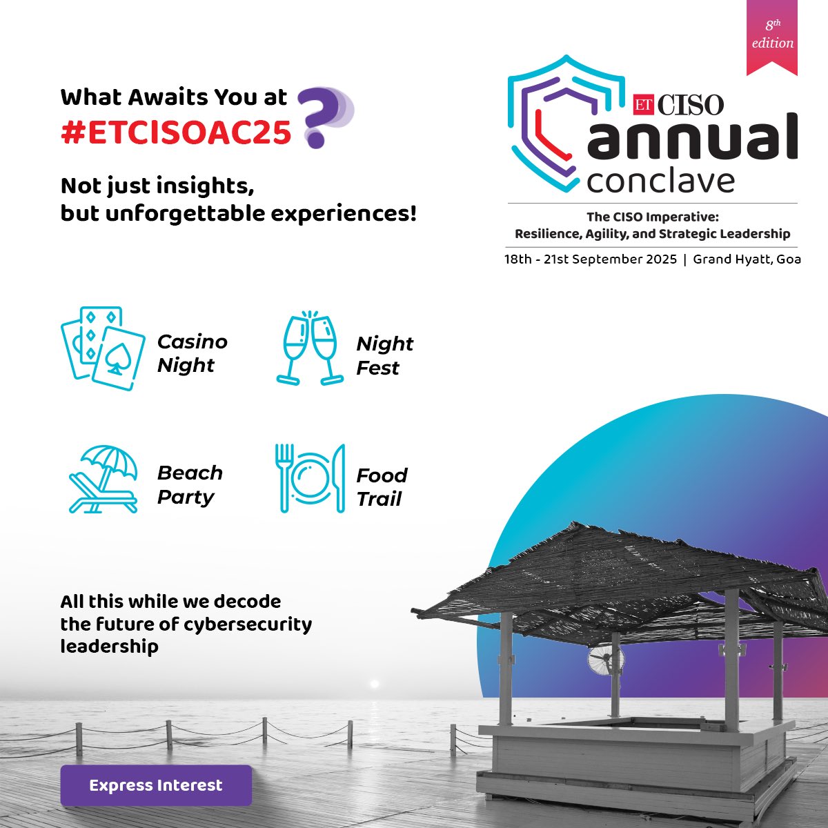 Gear up for #ETCISOAC25 🌴✨ — Where cutting-edge cybersecurity meets unforgettable experiences! From Casino Nights to Beach Parties, decode the future of leadership with us at Grand Hyatt, Goa. 

Express Interest: shorturl.at/g9lqM

#ETCISOAC25 #CISOChronicles