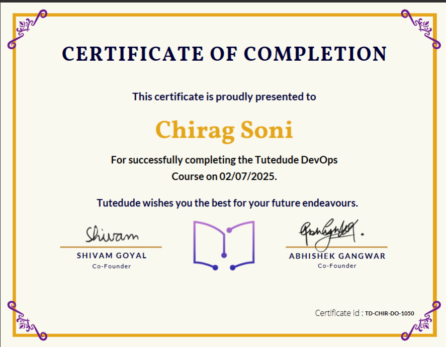 ChiragSoni23's tweet photo. 🚀 Excited to share that I’ve successfully completed the DevOps Certification with Tutedude! 🎉 This marks an important milestone in my learning journey, and I'm eager to apply these new skills in future Project. #LearningJourney #ContinuousImprovement @TuteDude
#tutedude https://t.co/f0iYUa3uT2