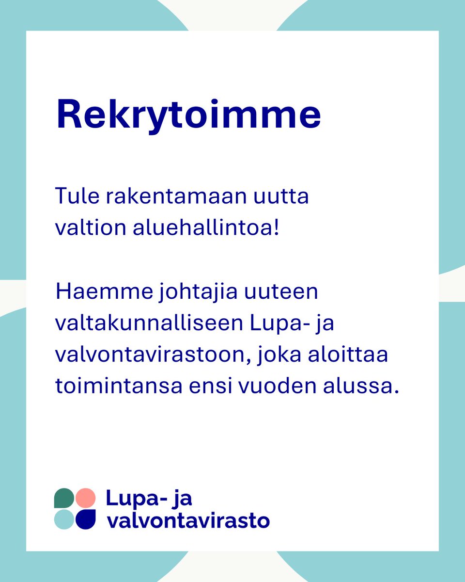 Haemme johtajia uuteen valtakunnalliseen Lupa- ja valvontavirastoon. 
 
Haussa ovat pääjohtajan sekä osastopäälliköiden tehtävät viraston eri toimialoille. 
 
🔗 Lisätietoa tehtävistä: valtiolle.fi

#Rekry | #ValtiollaTöissä