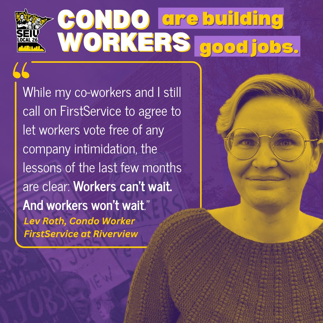 SEIU26's tweet image. Majority of MPLS FirstService Condo Workers At Riverview Tower Vote for Union, Results on Hold as Company Challenges Deciding Vote | RELEASE: facebook.com/seiu26/posts/p…
#FightForAUnion #UnionStrong #BuildingGoodJobs