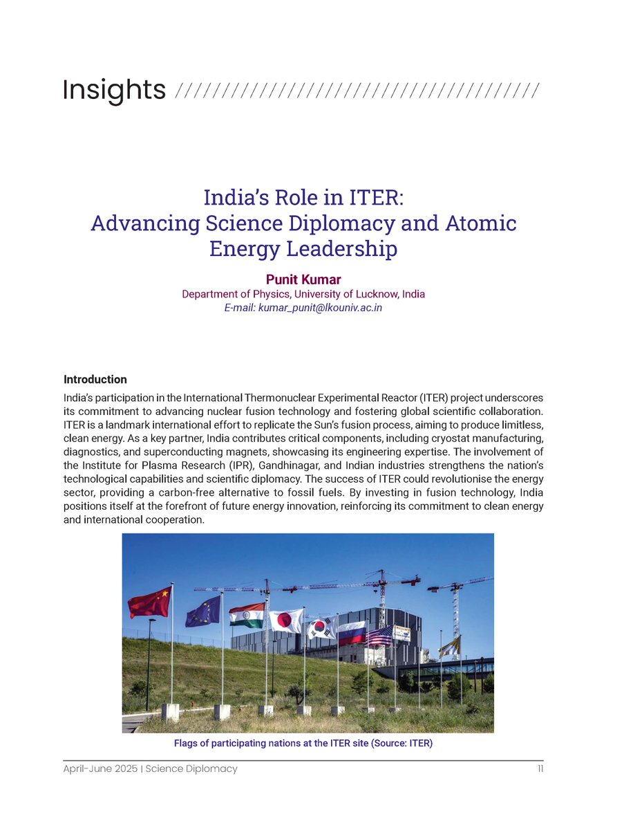 MonikaJaggi3's tweet photo. 3⃣ ⚛ India’s Role in #ITER: Advancing Atomic #Diplomacy
Prof. Punit Kumar @lkouniv discusses India’s pivotal contribution to #ITER and what it means for #sciencediplomacy in #NuclearEnergy. #FusionEnergy #AtomicDiplomacy #MegaScience @CSIR_NIScPR 
 🔗https://t.co/A1peXmBFZE https://t.co/PhP7BD4TXp