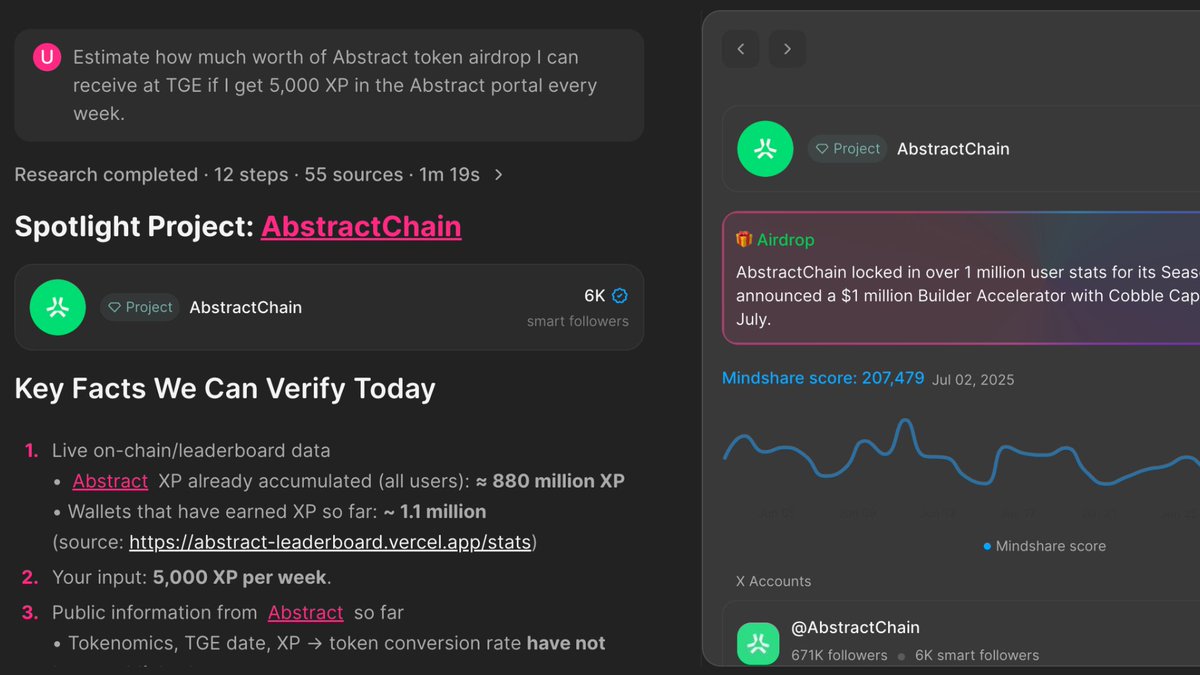 How many tokens will the XP you've earned on Abstract turn into at TGE?
Let <a href="/Surf_Copilot/">Surf</a> give you an instant estimate now!

ask.surf/?refer=mera_ta…