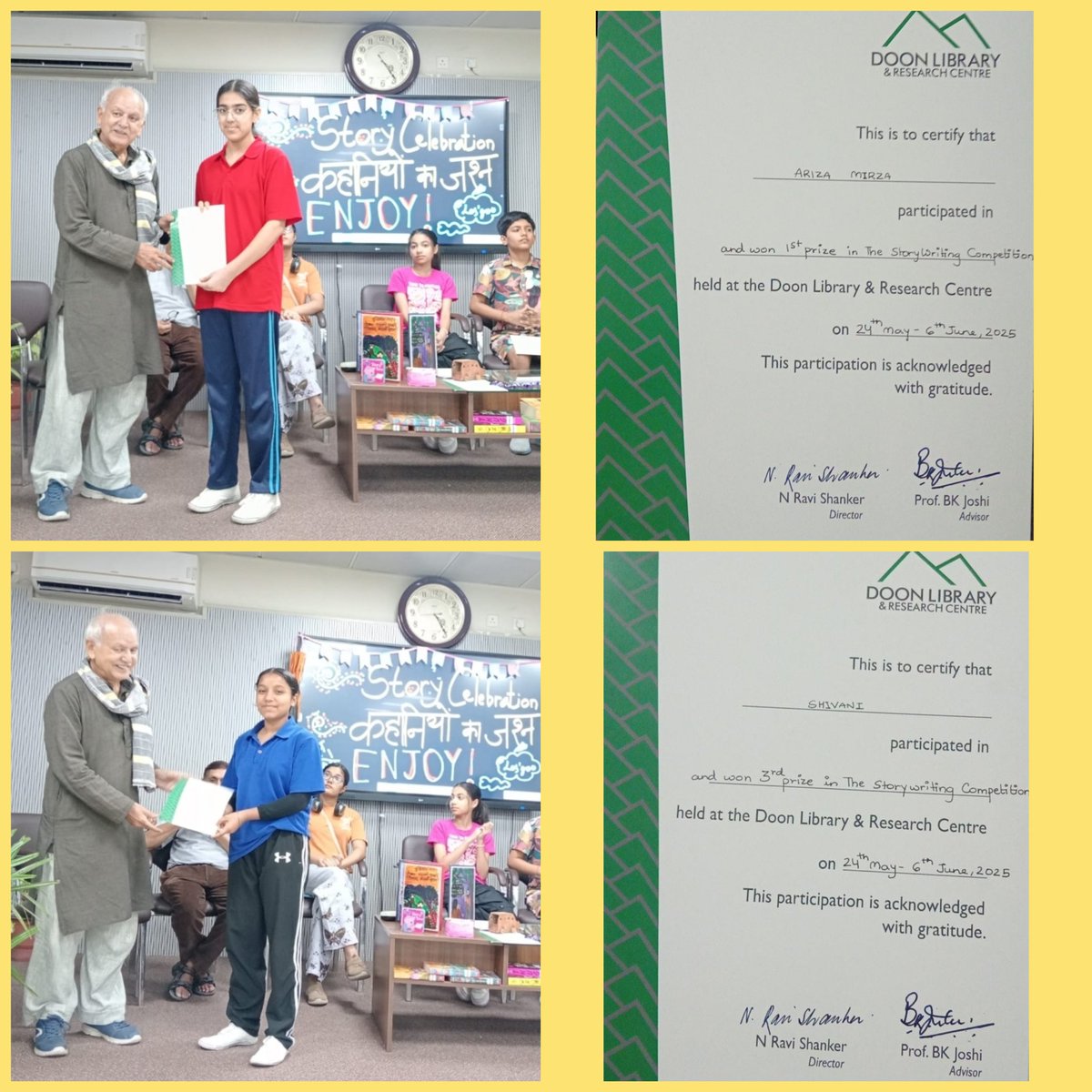 We had 2 winners in the story writing held at Doon Library-Ariza 1st &amp; Shivani 3rd The stories were emotionally profound, had authentic perspectives, resonating with readers &amp; judges alike-proving that every story matters and every dream deserves to be heard. 🌟📚 #VoicesUnheard