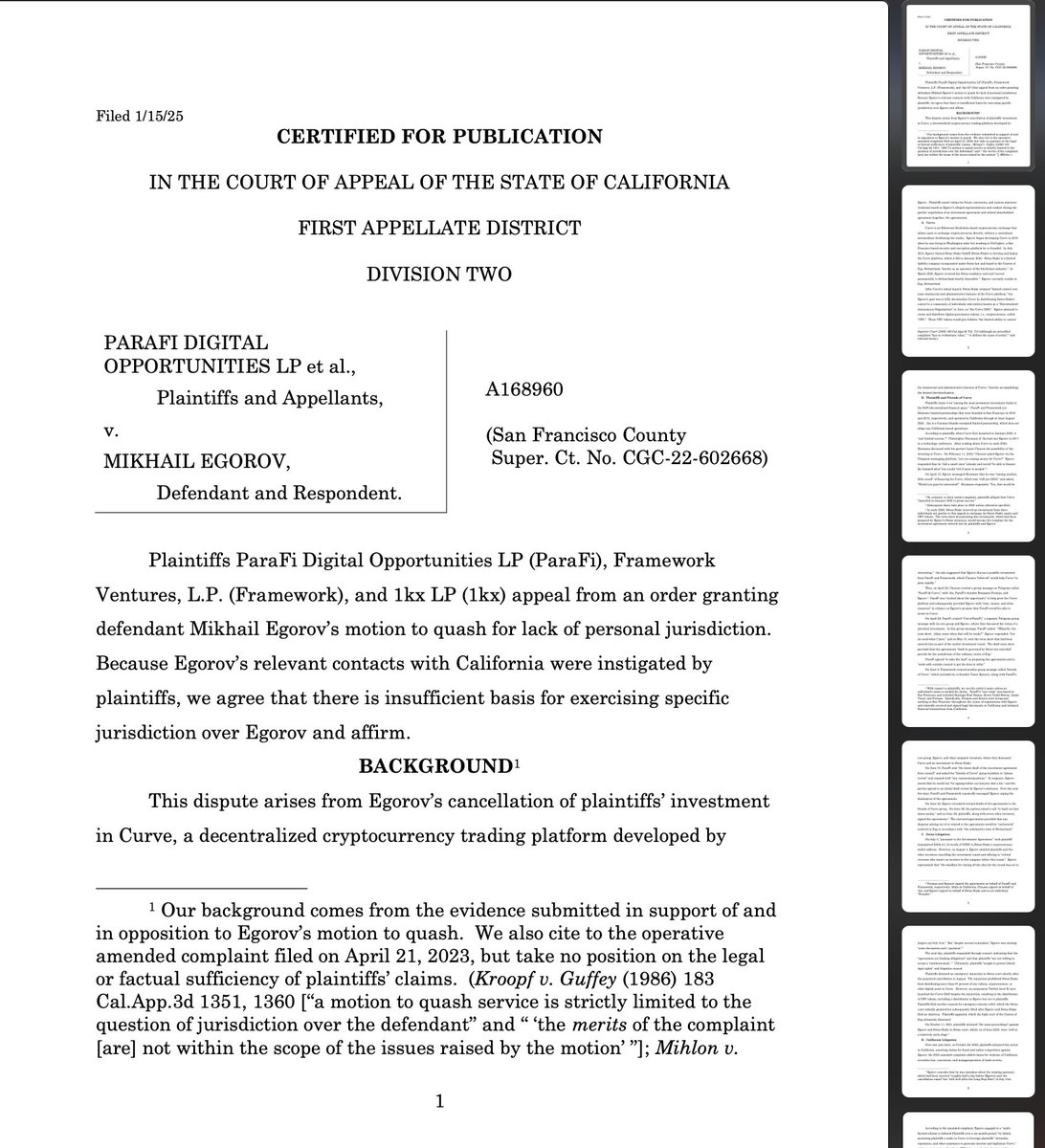 律师告诉我，curve 的 michael（包括他的公司 swiss stake）此前就因涉嫌欺诈和非法侵占资产，被 parafi、framework 和 1kx 起诉。这官司从 2020 年一直打到 2023 年，至今未结。为了躲避法律制裁，这哥们当时直接搬去瑞士常住。加州法院官网上至今还保存着全部原始诉状，有兴趣的可以自己查一下。