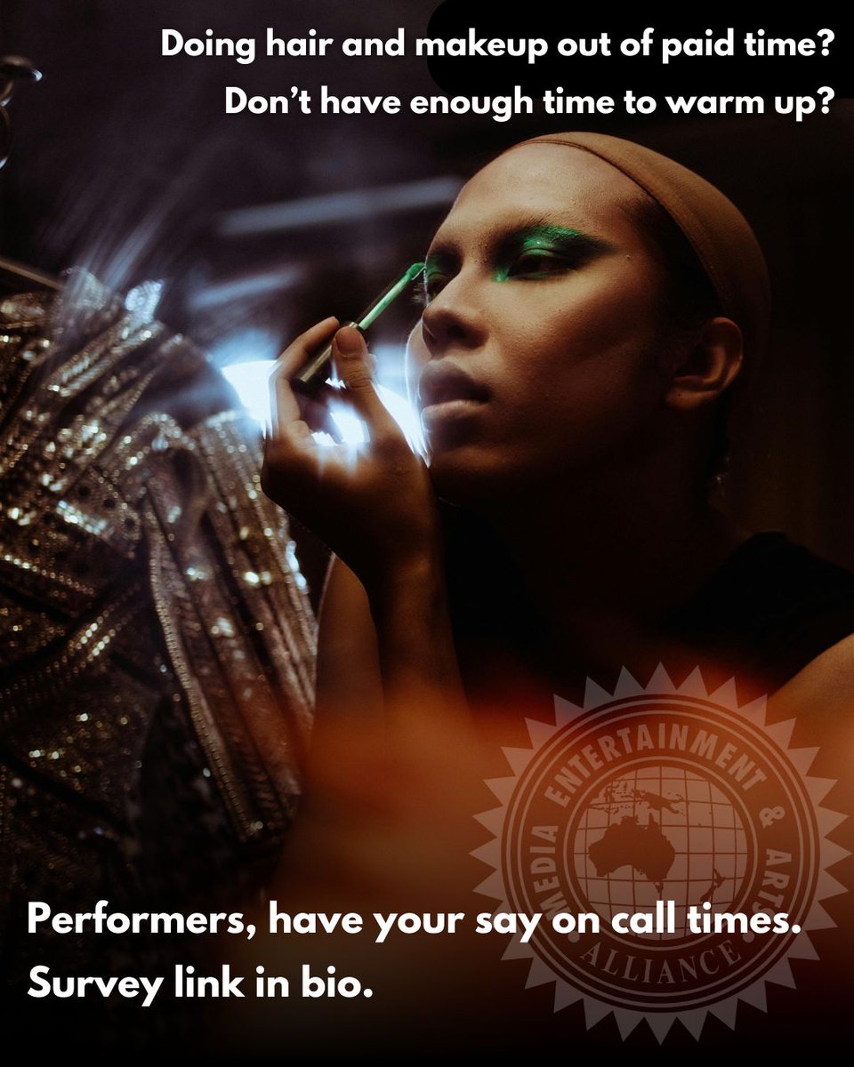 withMEAA's tweet photo. Call times in commercial theatre is often inadequate to properly do hair, makeup, warm ups and cover calls and many performers end up doing this work as extra unpaid hours.
We want to change that.
Tell us how this has affected you here: https://t.co/neKtLSyqy7
#MEAAequity https://t.co/Sl0SxzGGe2