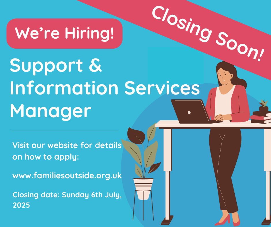 ⏰ Applications close this Sunday!

We’re hiring a Support &amp; Information Services Manager at Families Outside 💼

Lead frontline services, shape national support, and make a real impact.

🗓️ Deadline: Sunday 6th July
📍 Edinburgh (hybrid)
🔗 familiesoutside.org.uk/about-us/recru…