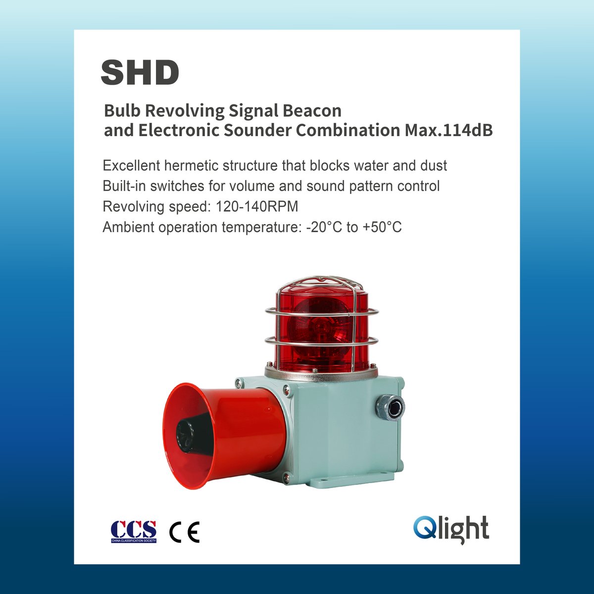 [SHD]
- Bulb Revolving Signal Beacon and Electronic Sounder Combination
- Standard housing color : MUNSELL No. 7.5BG 7/2
- Revolving speed : 120-140RPM
- Ambient operation temperature : -20°C to +50°C