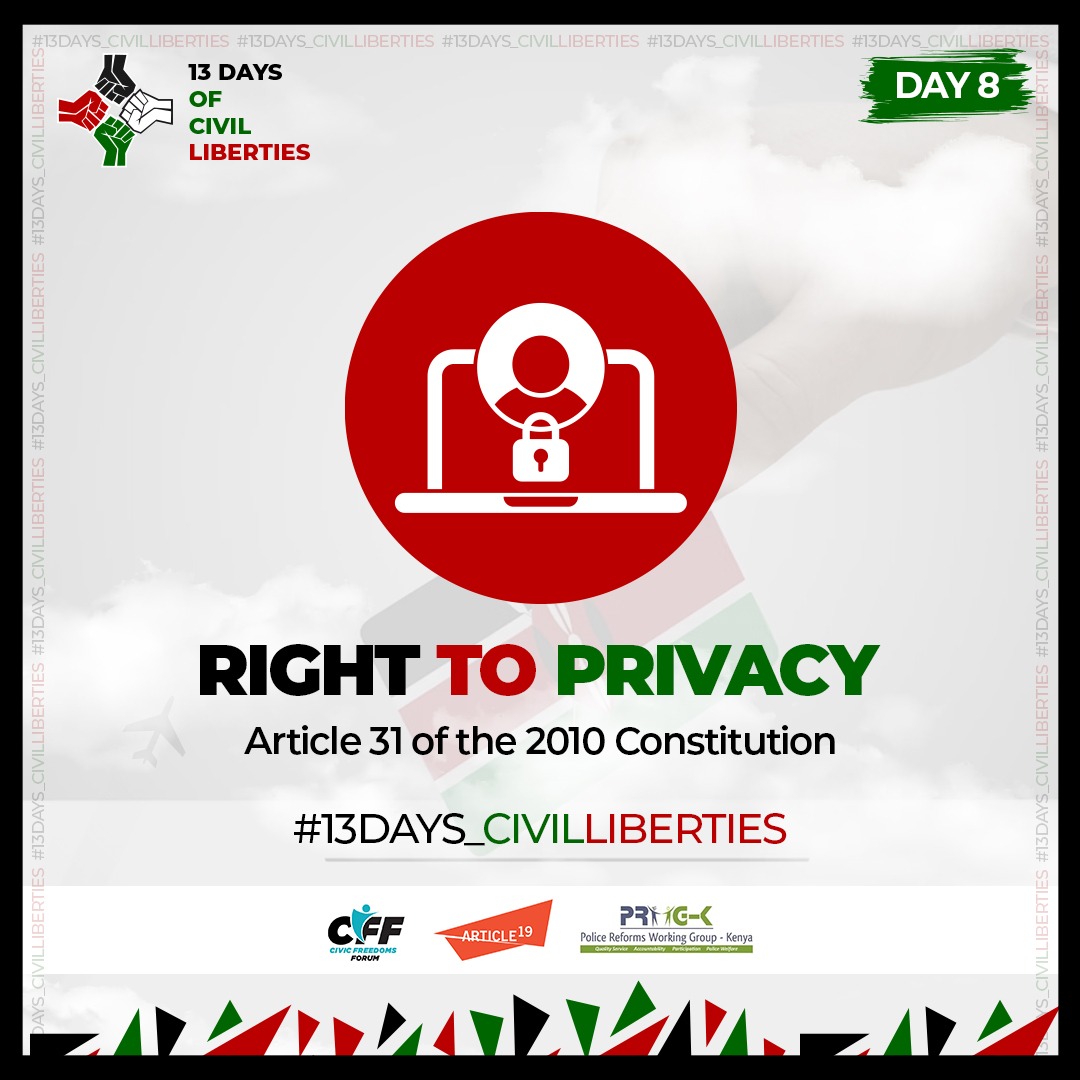 ReformsGroup's tweet image. Article 31 of the Constitution of Kenya guarantees the right to privacy. Every person has the right to be free from unlawful searches, seizures, and interference with personal communications. #RightToProtest #13Days_CivilLiberties #FreedomofExpression #EndPoliceBrutalityKE