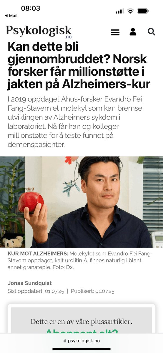 FangGroup (@thefanggroupuio) on Twitter photo We are going to test efficacy of a mitophagy inducer in Alzheimer’s patients supported by <a href="/alzassociation/">Alzheimer's Association</a>
<a href="/MitophagyAD/">MitAD</a> <a href="/NoAge100/">NO-Age and NO-AD Joint Venture</a> <a href="/Epigen_AhusUiO/">EpiGen_Ahus/UiO</a>
psykologisk.no/2025/07/jakter… We are going to test efficacy of a mitophagy inducer in Alzheimer’s patients supported by <a href="/alzassociation/">Alzheimer's Association</a>
<a href="/MitophagyAD/">MitAD</a> <a href="/NoAge100/">NO-Age and NO-AD Joint Venture</a> <a href="/Epigen_AhusUiO/">EpiGen_Ahus/UiO</a>
psykologisk.no/2025/07/jakter…