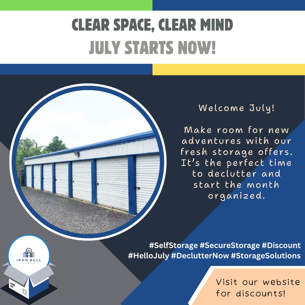 IronBullStorage's tweet photo. Welcome July! ☀️ Make room for new adventures with our fresh storage offers. It’s the perfect time to declutter and start the month organized. 📦 #SelfStorage #SecureStorage #Discount #HelloJuly #DeclutterNow #StorageSolutions https://t.co/SPZcWIQjMz