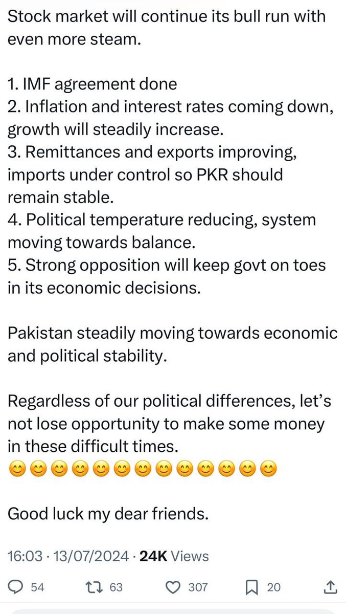 Very few believed Pakistan could pull itself out of an existential economic crisis in 2022. I did and stayed bullish.  

These two tweets from 2022 and 2024 have aged well. 

One called for buying Pakistani Eurobonds when default talk was everywhere. The other predicted a