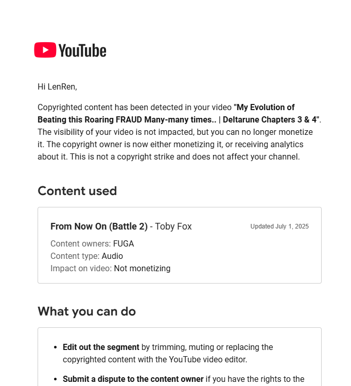 LenRren022's tweet photo. Well.. that's not good 
I've reached out to Materia Music Publishing, as per advised in Mr. @tobyfox's Tweet, will see what happens!  (I also read in the Website to not Dispute it in YT itself, to instead contact them to avoid a Copyright strike) https://t.co/7SeeqvShYK