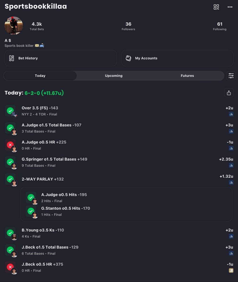 Sportbookkillaa's tweet image. You ever scroll and realize…
Dudes be turning WiFi into $2K+ days like it’s nothing 💸📲
We will all be 12k Richer by the end of this week!
Manifesting 🛋️💰♾️
Bet sharp or stay broke….
+11.67U today 🛋️💰
#SportsbookKilla #BetTalkDifferent #10KOffWiFi