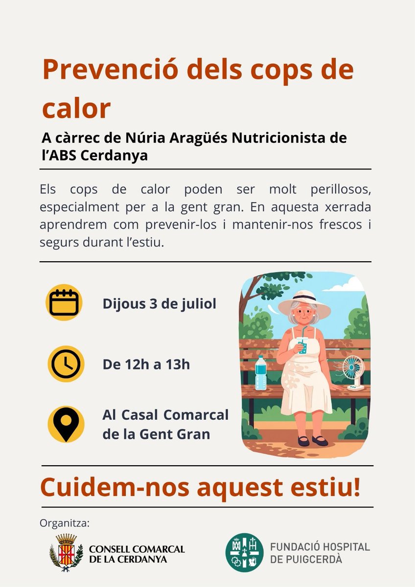 Nova xerrada informativa al Casal Comarcal de la Gent Gran.
🔥 Evita els cops de calor aquest estiu!🔥

✅ Activitat gratuïta. No cal inscripció.

T’hi esperem! Comparteix-ho amb familiars o veïns que els pugui interessar!