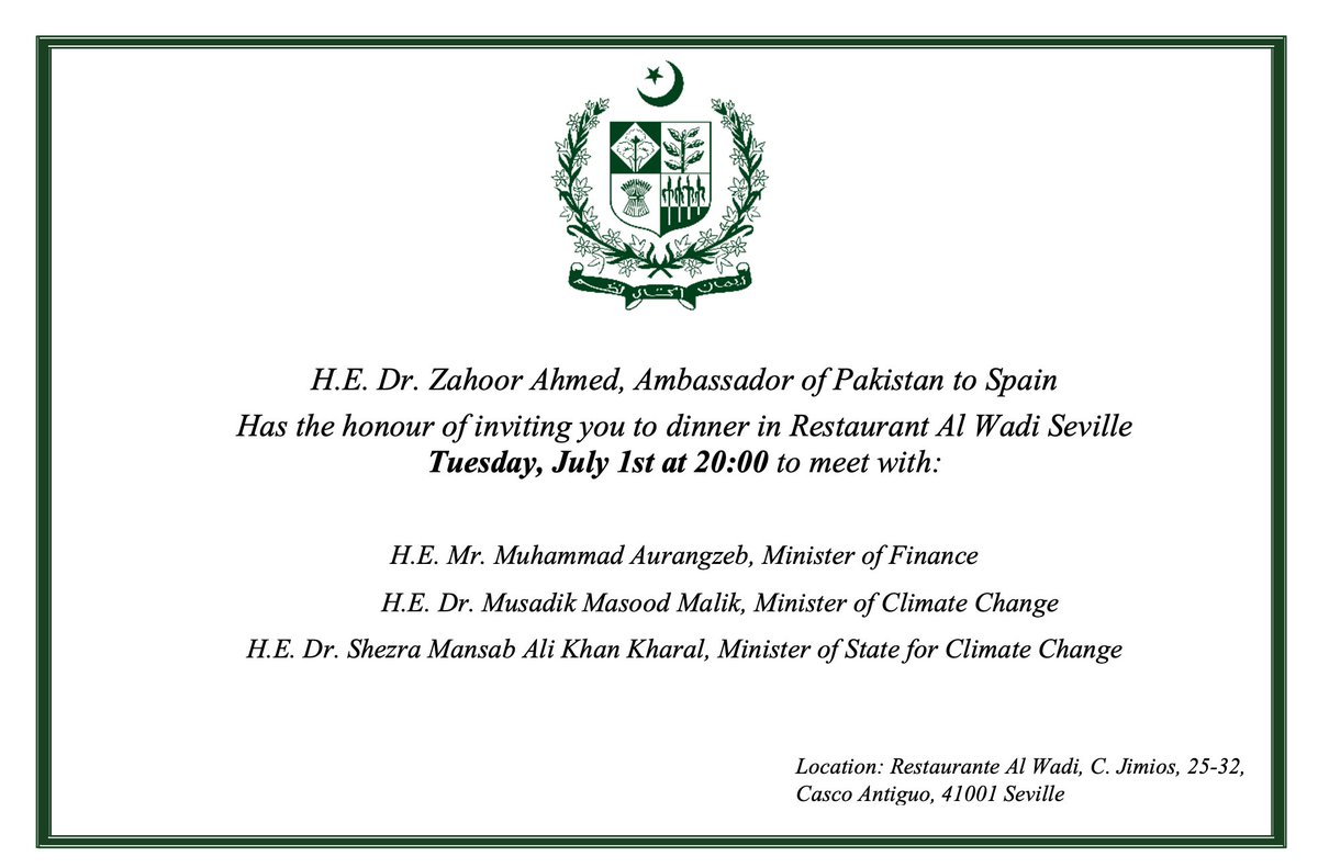 Many thanks to the Government of Pakistan especially Ambassador Mr. Zahoor Ahmed and Ministers Dr. Musadik Masood, Dr. Shezra Mansab Ali Khan, and Mr. Muhammad Aurangzeb for the kind invitation to last night’s dinner.

It’s not every day that one gets to share thoughts on