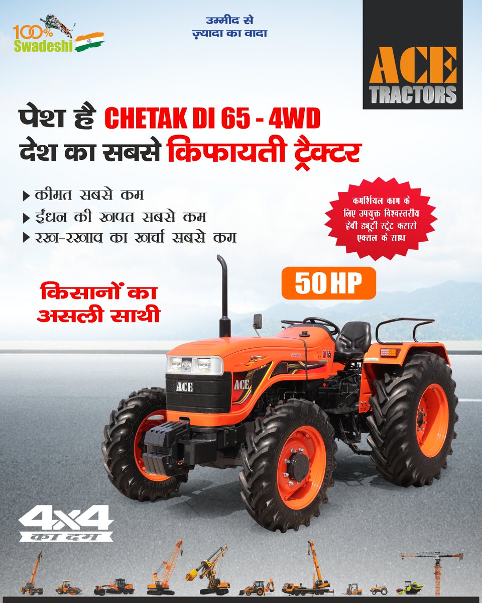 पेश है ACE CHETAK DI 65 4WD - देश का सबसे किफ़ायती ट्रैक्टर।

कमर्शियल के काम के लिए उपयुक्त विश्वस्तिरीय हैवी ड्यूटी स्ट्रेट करारो एक्सल के साथ। bit.ly/4nvywkS

#ACE #ACETractors #ACETractorsIndia #ACEDI65 #DI654WD #50HP #4WD #TractorPrice  #Commercial #Tractor #Agri