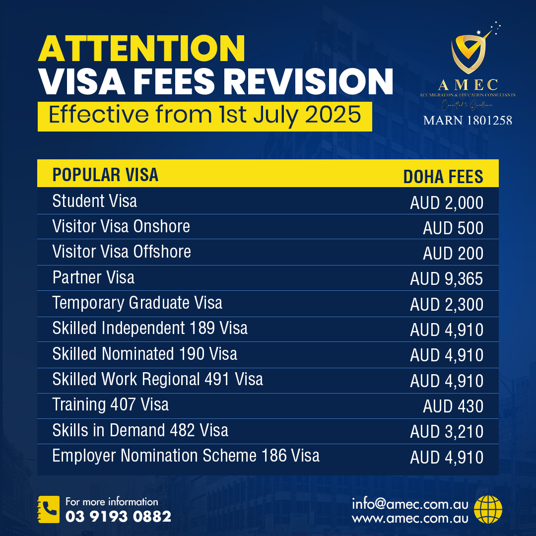 amec_australia's tweet image. 📢 Visa Fee Revision from 1st July 2025
Planning to apply for a visa? New charges will apply from July—beat the hike &amp;amp; lodge early!
📞 0391930882 | ✉️ info@amec.com.au
#VisaFeeUpdate #AMECMigration #AustraliaVisa #Subclass500 #Subclass485 #Subclass600 #StudentVisa #PRPathway