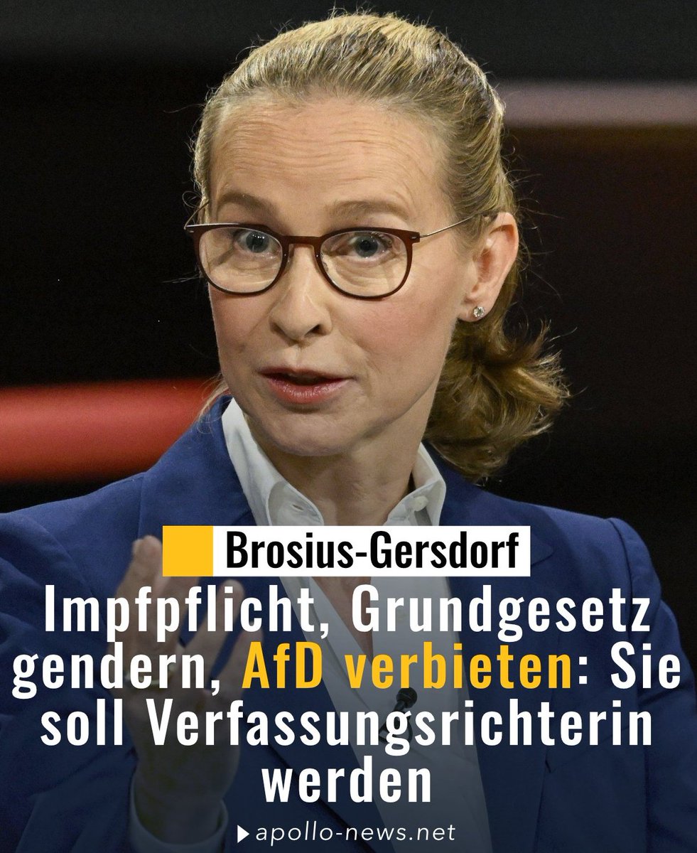 SPD und Union wollen Frauke Brosius-Gersdorf zur Richterin und später Präsidentin des <a href="/BVerfG/">BVerfG</a> machen. Profil: Pro Impfzwang, Frauenquote im Wahlrecht und „Beseitigung” von 10 Mio. Wählern.

Hintergrund: Laut Apollo meinte Brosius-Gersdorf indes nicht die Eliminierung von