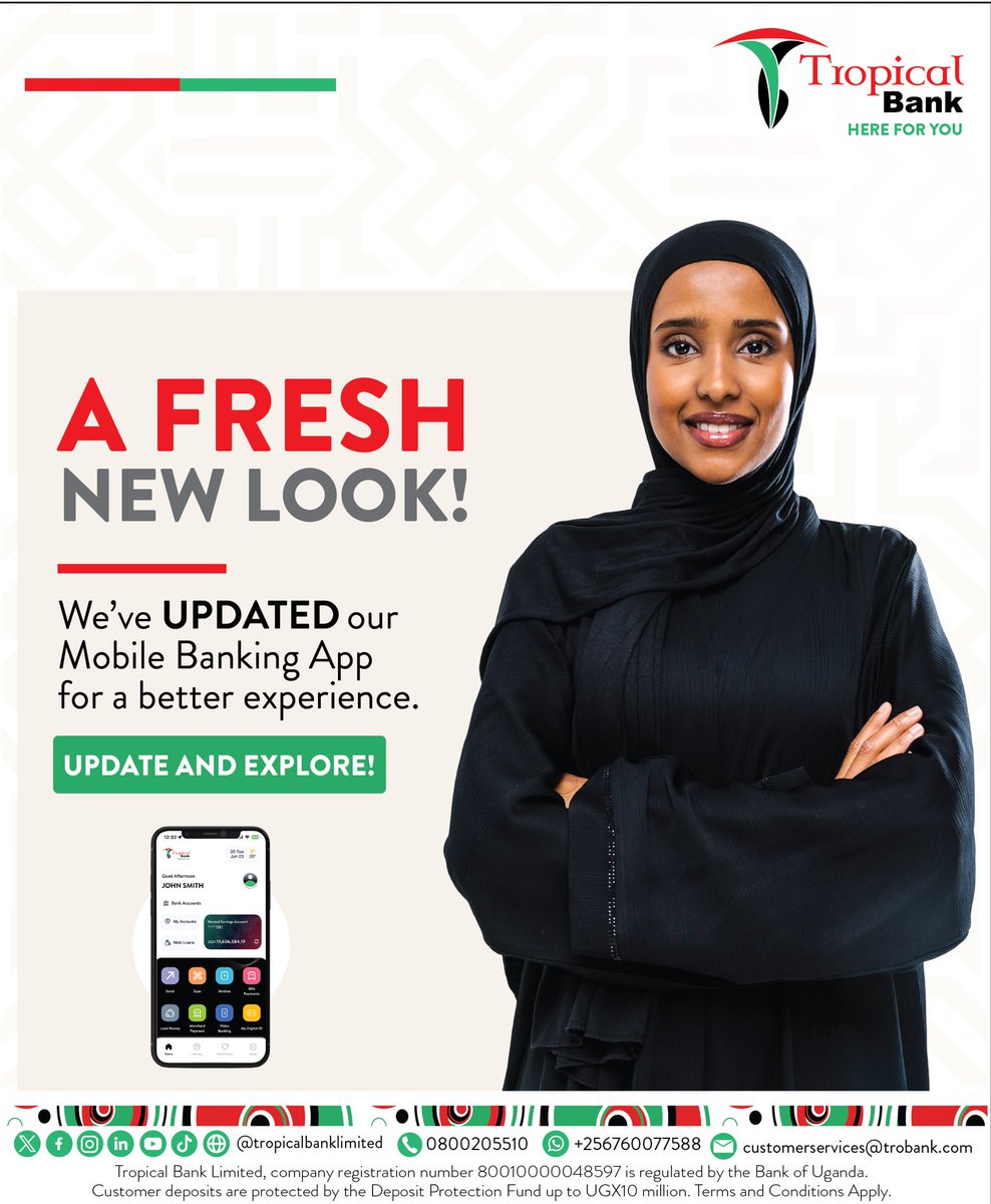 TropicalBankUG's tweet image. A Fresh New Look!
We’ve UPDATED our Mobile Banking App
For a better experience.
UPDATE AND EXPLORE !
#HereforYou #TropicalBankMobile