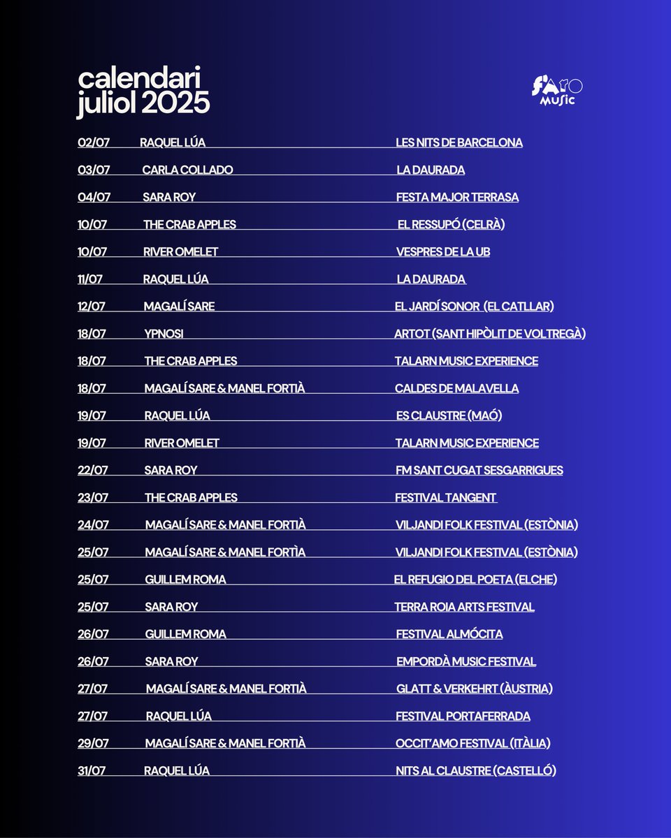 🎶 El juliol ve carregat de música amb Faro Music!
De BCN a Estònia i Àustria, aquest mes sonem arreu.
Consulta el cartell i apunta’t als concerts!
#AgendaJuliol #FaroMusic #MúsicaEnDirecte #Estiu2025