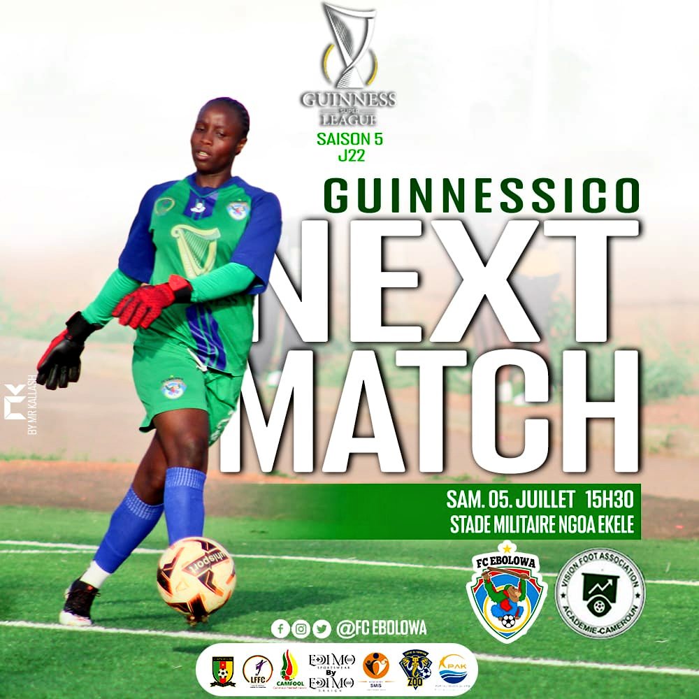 #NEXTMATCH
<a href="/GSuper_League/">Guinness Super League</a>  5-J22: Pour son 6ème #Guinnessico <a href="/FCEbolowa/">FC Ebolowa</a> 🆚 #VisionFootAcademie  ce samedi au stade Militaire #NgoaEkele.👌🏾

#WeAreBeNgonYâEbolowoo💚💙
#Champion🇨🇲🏆🥇
#CHGSL5
#Day22
#FCEVFA
<a href="/PortOfKribi/">Port Autonome de Kribi</a>
<a href="/edimosports/">EDIMO Sports</a> 
<a href="/Camfool_/">Camfool Association</a> 
#ASMIS
#EnsembleEcrivonslHistoire