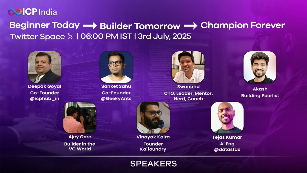 ICP Hub India - Crewsphere (@icphub_in) on Twitter photo ๐จโ๐ป Beginner โ Builder โ Champion
A Twitter Space for every Indian who ever Googled โhow to start coding.โ
๐ 3rd July | ๐ 6 PM IST
๐ Set Reminder Now: x.com/i/spaces/1OyKAโฆ
๐ Speakers:
๐น <a href="/deepak2605/">deepak goyal</a> โ Co-Founder, <a href="/icphub_IN/">ICP Hub India - Crewsphere</a>
๐น <a href="/sanketsahu/">Sanket Sahu</a> - Founder, <a href="/geekyants/">GeekyAnts</a>
๐น ๐จโ๐ป Beginner โ Builder โ Champion
A Twitter Space for every Indian who ever Googled โhow to start coding.โ
๐ 3rd July | ๐ 6 PM IST
๐ Set Reminder Now: x.com/i/spaces/1OyKAโฆ
๐ Speakers:
๐น <a href="/deepak2605/">deepak goyal</a> โ Co-Founder, <a href="/icphub_IN/">ICP Hub India - Crewsphere</a>
๐น <a href="/sanketsahu/">Sanket Sahu</a> - Founder, <a href="/geekyants/">GeekyAnts</a>
๐น