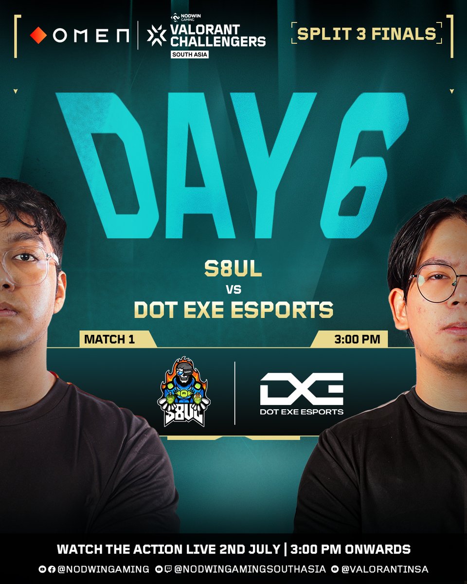 The Split 3 Finals have begun! 💥 Day 6 kicks off with a clash you don’t want to miss:
⚔️ 3PM – S8UL vs DOT EXE Esports

💬 Who’s taking the first step toward the throne? Drop your predictions ⬇️

🔴 Tune in LIVE from 3PM onwards!

📺 Twitch – Nodwin Gaming SA
📺 Facebook –