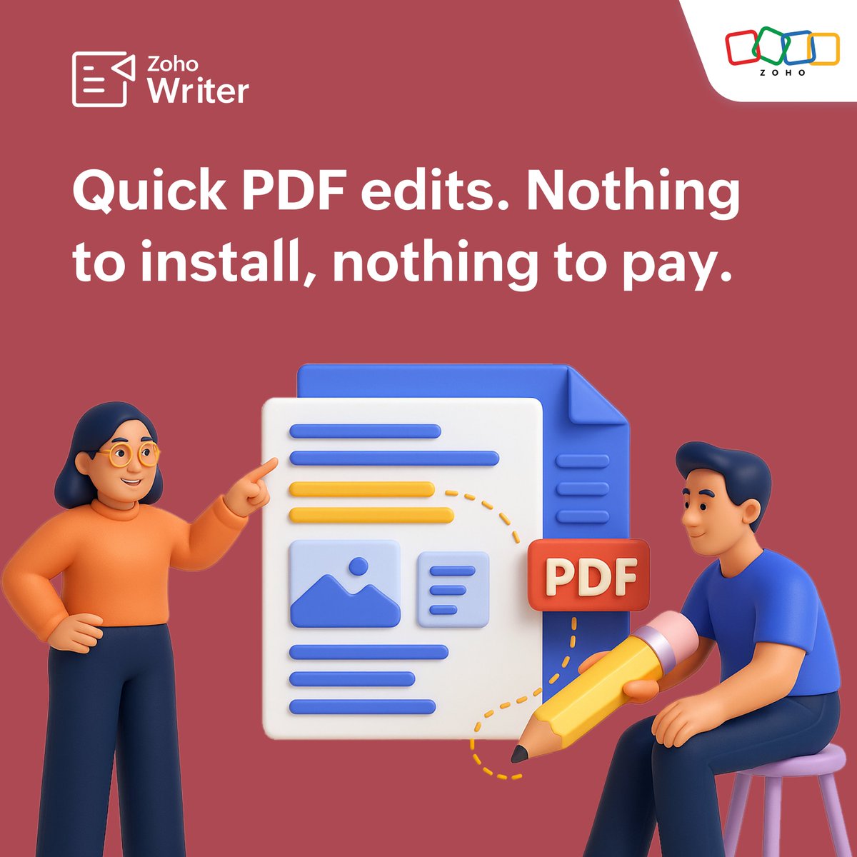 Zoho PDF editor (@zohopdfeditor) on Twitter photo PDF editing just got easier! Edit PDFs without downloading anything with #zohopdfeditor - your free, online PDF tool that just works.๐ Add text, fill forms, annotate, sign, and more. Try now ๐ zurl.co/AnCcD
#freeonlinepdfeditingtool
<a href="/ZohoWriter/">Zoho Writer</a> <a href="/ZohoWorkDrive/">Zoho WorkDrive</a> PDF editing just got easier! Edit PDFs without downloading anything with #zohopdfeditor - your free, online PDF tool that just works.๐ Add text, fill forms, annotate, sign, and more. Try now ๐ zurl.co/AnCcD
#freeonlinepdfeditingtool
<a href="/ZohoWriter/">Zoho Writer</a> <a href="/ZohoWorkDrive/">Zoho WorkDrive</a>