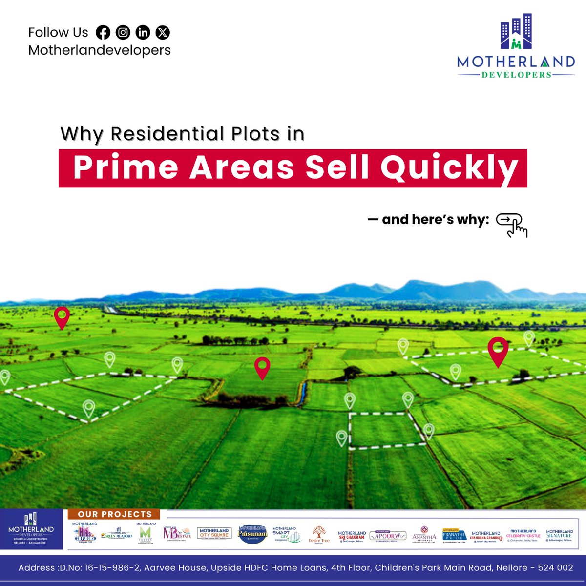 MotherlandDev's tweet photo. Why Do Prime-Area Plots Disappear Quickly?
Smart buyers invest where location, connectivity &amp; growth align!
📍 Motherland Developers – Strategically placed in Nellore’s fastest-growing zones

Call: 79954 22201, 04
Location: 4th Fl., Aarvee House, Children’s Park Main Rd, Nellore. https://t.co/0pXFQzprt7