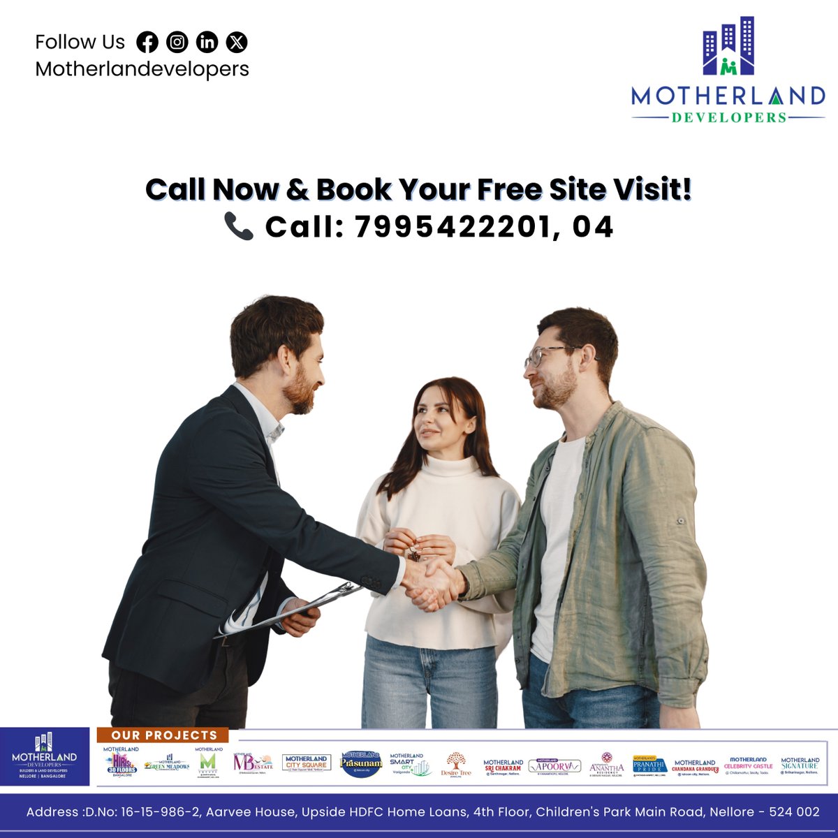 MotherlandDev's tweet photo. Why Do Prime-Area Plots Disappear Quickly?
Smart buyers invest where location, connectivity &amp; growth align!
📍 Motherland Developers – Strategically placed in Nellore’s fastest-growing zones

Call: 79954 22201, 04
Location: 4th Fl., Aarvee House, Children’s Park Main Rd, Nellore. https://t.co/0pXFQzprt7