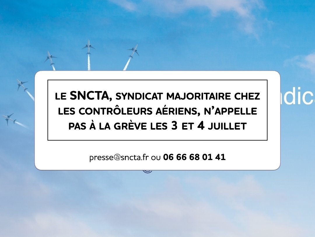 ⚠️ 
Huelga convocada en #Francia para los días 3 y 4 de julio por parte del segundo sindicato de controladores aéreos en Francia (Unsa-Icna). 
El sindicato mayoritario de controladores (SNCTA) se ha desmarcado de esta convocatoria. 
Por parte de las autoridades se ha solicitado a