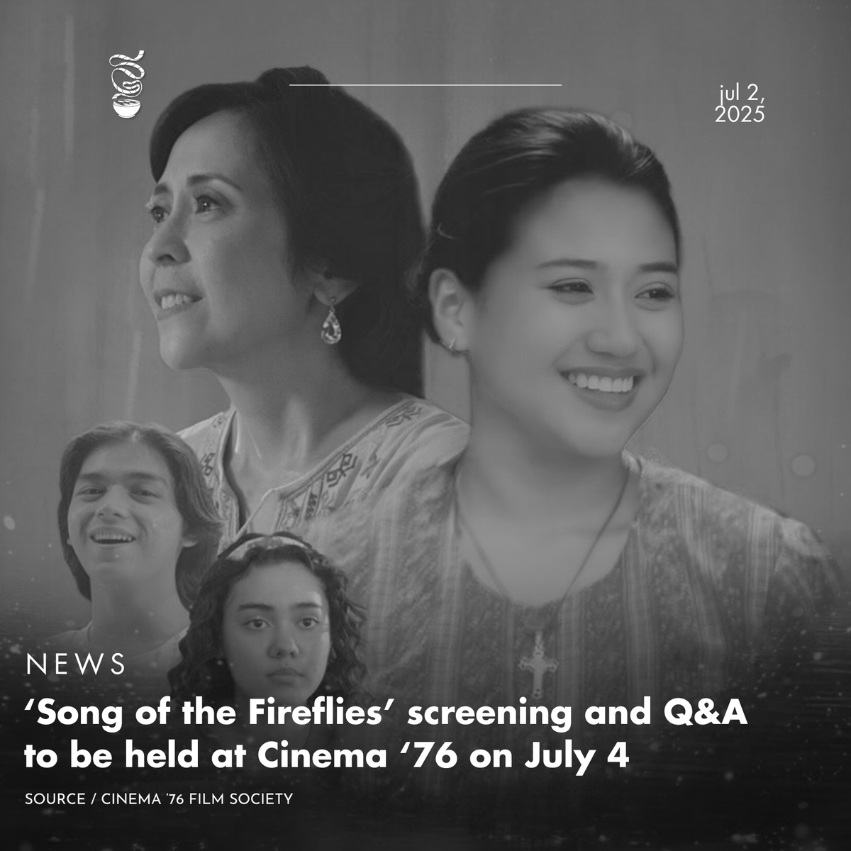 DON'T MISS THE FIREFLIES!

Musical film 'Song of the Fireflies' will screen at Cinema '76 on July 4, 5:40 PM. A talkback with cast and crew, including actors Noel Comia Jr. and Tommy Alejandrino, and director King Palisoc will follow.

Get tickets now: bit.ly/c76gettickets