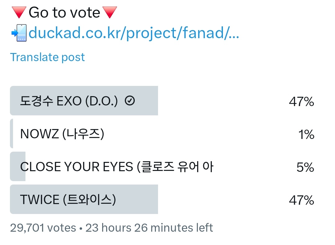 ᴅᴋꜱ ᴡᴏʀʟᴅᴡɪᴅᴇ ᴜɴɪᴏɴ (@dks_wwunion) on Twitter photo ‼️The percentage is currently even‼️
Keep sharing the poll on all fandom sns you have and get more people to vote for Kyungsoo 💥
#DOHKYUNGSOO_BLISS
#디오 #도경수 #DO (D.O.)
<a href="/companysoosoo_/">Company Soosoo</a> ‼️The percentage is currently even‼️
Keep sharing the poll on all fandom sns you have and get more people to vote for Kyungsoo 💥
#DOHKYUNGSOO_BLISS
#디오 #도경수 #DO (D.O.)
<a href="/companysoosoo_/">Company Soosoo</a>