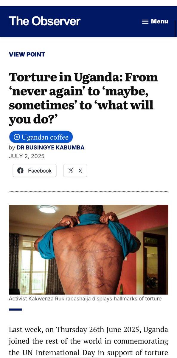 Dr Busingye Kabumba (@bkabumba) on Twitter photo My column in this week’s <a href="/observerug/">The Observer</a>
I trace Uganda’s journey regarding the prohibition against torture: from ‘never again’, to ‘maybe, sometimes’ and now to ‘what will you do?’
observer.ug/viewpoint/tort… My column in this week’s <a href="/observerug/">The Observer</a>
I trace Uganda’s journey regarding the prohibition against torture: from ‘never again’, to ‘maybe, sometimes’ and now to ‘what will you do?’
observer.ug/viewpoint/tort…