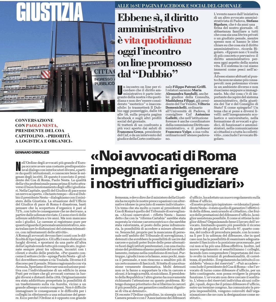 🎤📰 Tra priorità, logistica e organici: l'intervista a Il Dubbio del Presidente del COA di Roma Paolo Nesta 👇🏻