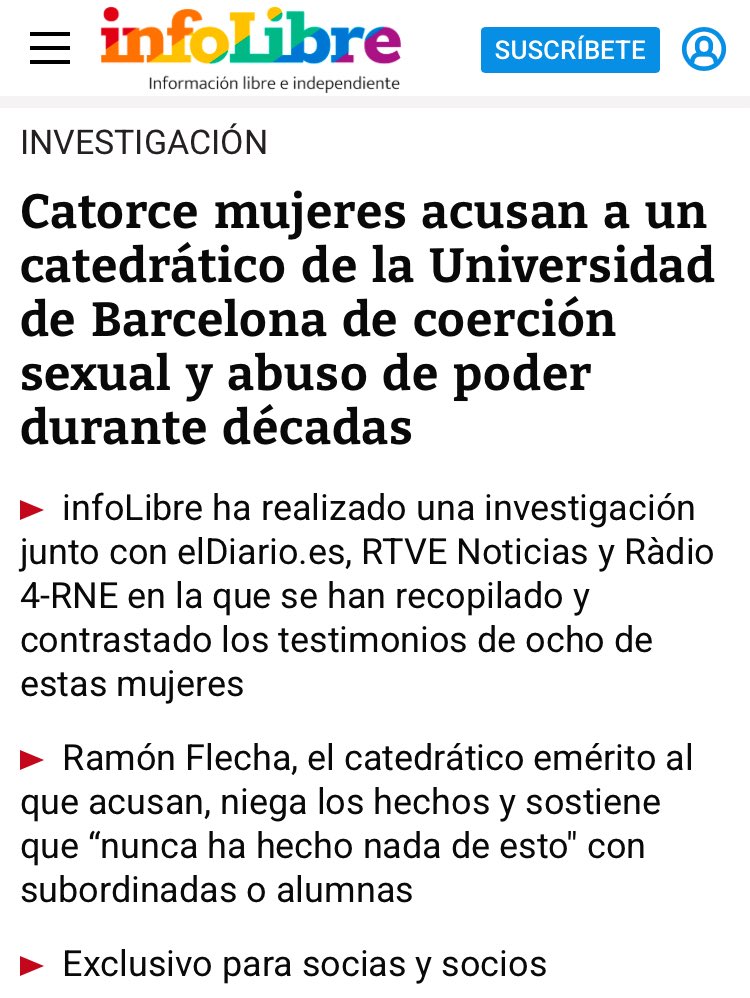 ‼️30 años de acoso‼️

Lo que se relata en investigación conjunta de <a href="/rtvenoticias/">RTVE Noticias</a> <a href="/_infoLibre/">infoLibre</a> y <a href="/eldiarioes/">elDiario.es</a> es escandaloso.

#MeTooUB #MeTooCREA

rtve.es/noticias/20250…

infolibre.es/igualdad/cator…

eldiario.es/sociedad/seis-…