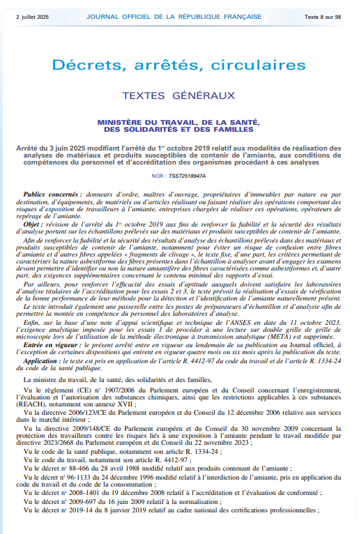 🧪 Nouvel arrêté amiante publié au JO (2/07/25) : analyses renforcées, fibres redéfinies, exigences accrues pour les labos et pros du repérage.

📅 Entrée en vigueur dès le 3 juillet !

👉 aleacontroles.com/actualites/un-… 

#amiante #réglementation #BTP #santéautravail #AléaContrôles