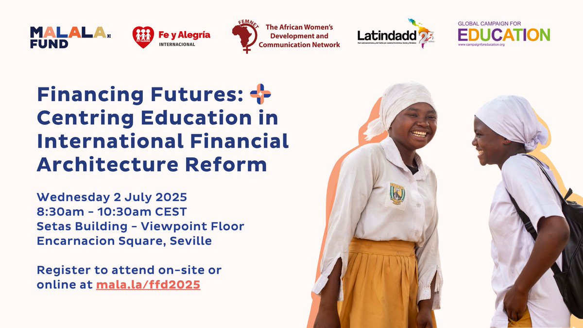 🗓 #HOY en #FfD4 | Financiar el Futuro: Pongamos la Educación en el Centro de la Reforma de la Arquitectura Financiera Internacional
🕣8:30 – 10:30 
📍Link: bit.ly/FfD4_AccedeAqu…
Estaremos junto a: <a href="/MalalaFund/">Malala Fund</a> <a href="/feyalegriaFI/">FIFyA</a> <a href="/latindadd/">LATINDADD</a> <a href="/globaleducation/">Global Campaign for Education</a> <a href="/ActionAid/">ActionAid</a> <a href="/FemnetProg/">FEMNET</a>