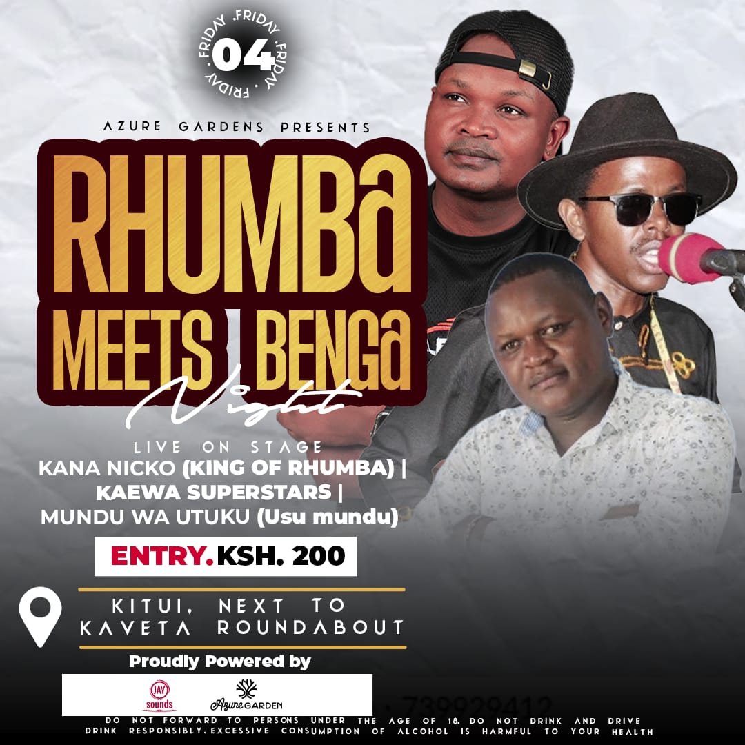 🎶 Come Enjoy Rhumba &amp; Benga Music! 🎶
Join us for a vibrant evening of soulful Rhumba and energetic Benga rhythms!

📍 Venue: Azure Garden, Kitui
📅 Date: June 4th

Bring your friends and dancing shoes — it's going to be a night to remember!