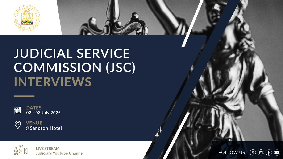 RSAJudiciary (@ocj_rsa) on Twitter photo The Judicial Service Commission (JSC) interviews for the position of Deputy Chief Justice of the Republic of South Africa begin this morning at 09h00. Judge President D Mlambo will be the first candidate to be interviewed.
Direct Link - youtube.com/live/2koTQnqlm… The Judicial Service Commission (JSC) interviews for the position of Deputy Chief Justice of the Republic of South Africa begin this morning at 09h00. Judge President D Mlambo will be the first candidate to be interviewed.
Direct Link - youtube.com/live/2koTQnqlm…