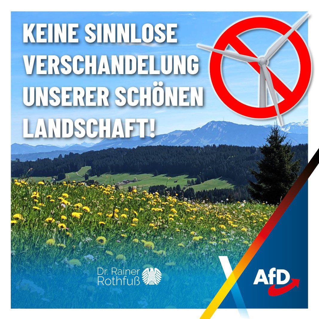 Eine Bürgerumfrage in Dietmannsried brachte in 2024 zum Vorschein, dass nur 13% der 1000 Teilnehmer für einen Ausbau der #Windkraft sind. 87% der Teilnehmer wollen keinen Ausbau. 
Quelle (allgaeuer-zeitung.de/kempten/dietma…)

Der Windkraft-Plan des Regionalen Planungsverbands (RPV) Allgäu