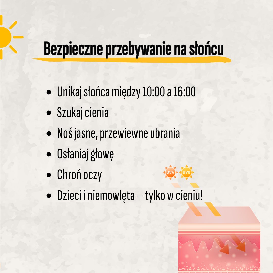 GIS_gov's tweet image. Choć promienie słoneczne mają wiele korzyści, należy korzystać z nich rozsądnie. Dlatego zanim wyruszysz na plażę czy spacer, zadbaj o odpowiednią ochronę – krem z filtrem, kapelusz, okulary przeciwsłoneczne i nawodnienie.☀️🌞☀️
Ciesz się latem, ale z głową i troską o zdrowie!
