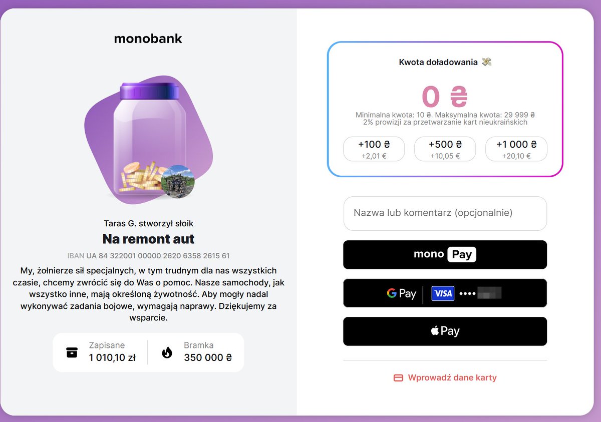 Żołnierze 8 pułku sił specjalnych znowu zwrócili się o pomoc. Kolejne auta był zniszczone na froncie, a inne zepsute (zawieszenie dostaje mocno w kość).

numer karty bankowej:
4441 1111 2567 1770

link do zbiórki 8 SSO:
send.monobank.ua/jar/6dzBXUnnsq