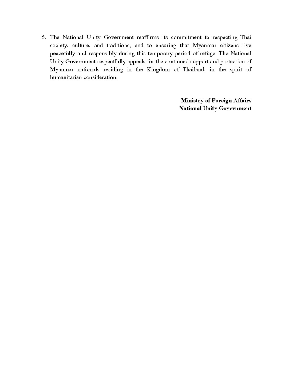 NUGMyanmar's tweet image. Republic of the Union of Myanmar
National Unity Government
Ministry of Foreign Affairs @mofanugdc 
Statement (6/2025)
2 July 2025
Appeal to Myanmar Nationals Residing in the Kingdom of Thailand
#Myanmar 
#NUGMyanmar