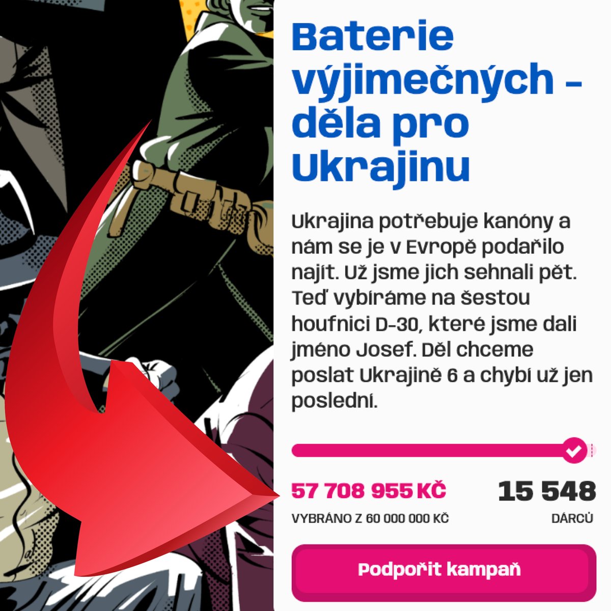 Máme radost, přátelé. Včera přišel mimořádně štědrý dar — a sbírka na poslední dělo D-30 pro Ukrajinu díky tomu poskočila o pořádný kus dopředu! 👌Chybí už „jen“ 2,3 milionu korun. Když to zvládneme, BUDE HOTOVO.🫡