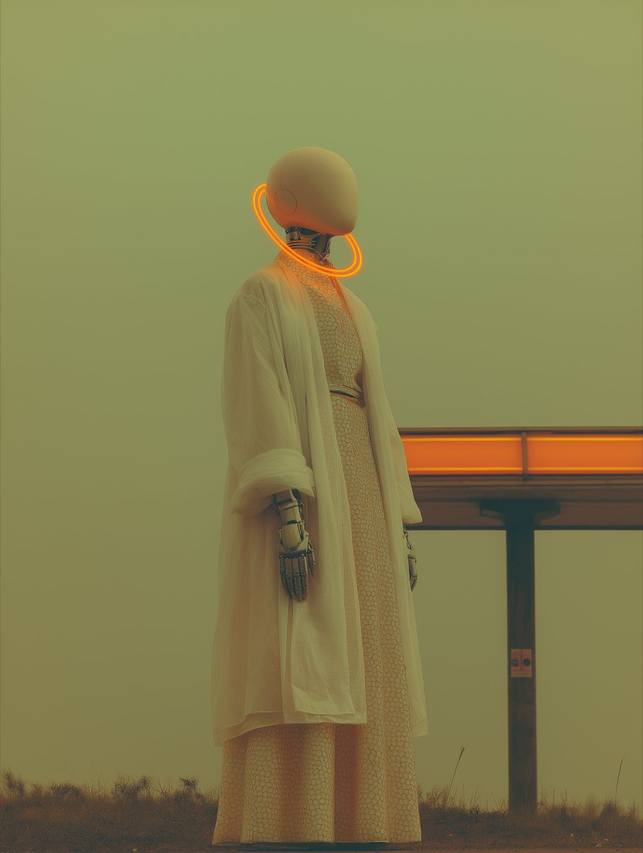 NeonNorad's tweet photo. She stood alone in the orange fog.
Her coat shimmered with static memories.
No one else returned to Sector V.
Still, I archive it.
#neonnorad #retrofuturism #aiart #cyberpunkfashion #fogcore #urbanloneliness https://t.co/nGcsluUbsc